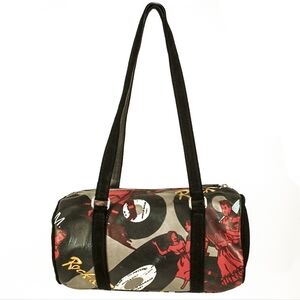 Angelo Marani Rock n Roll Records Black Suede Trim Double Handles Handbag Purse